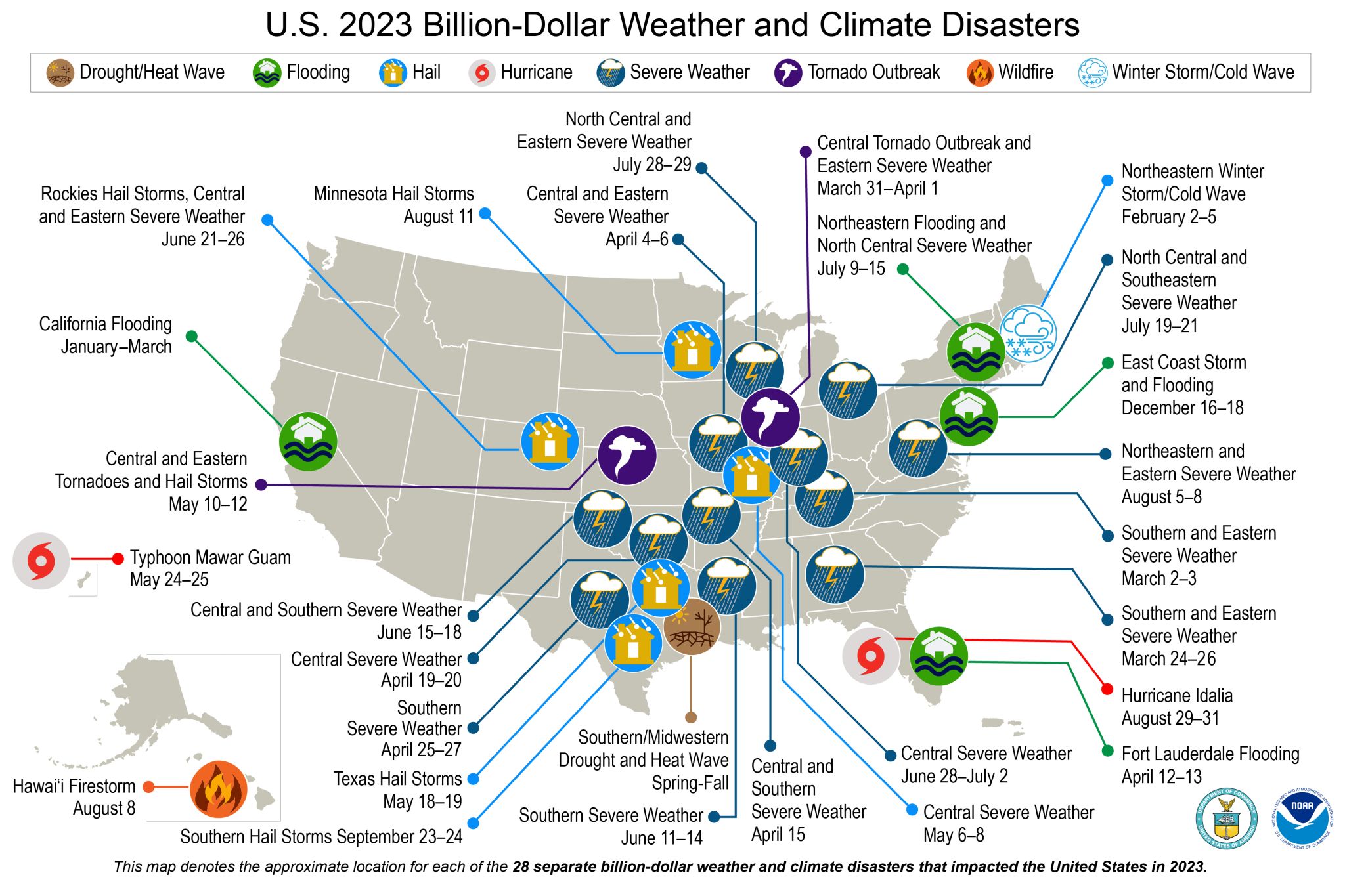 NOAA map of billion dollar weather and climate disasters 2023